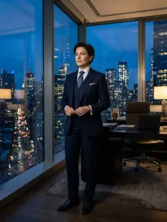 Powerful CEO in tailored suit corner office