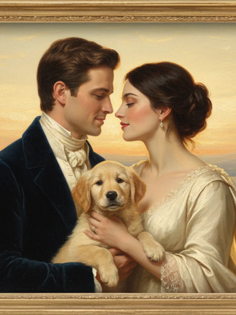 Couple with their dog in golden hour oil painting