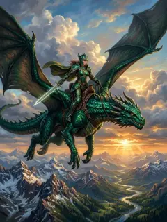 Warrior riding dragon above the clouds