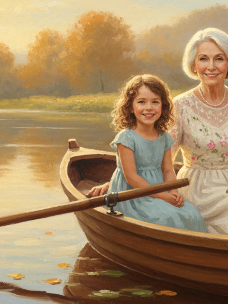 Grandmother with grandchildren in idyllic oil painting