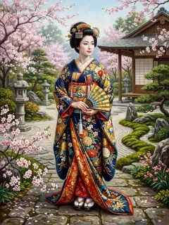 Elegant figure in silk kimono cherry blossoms