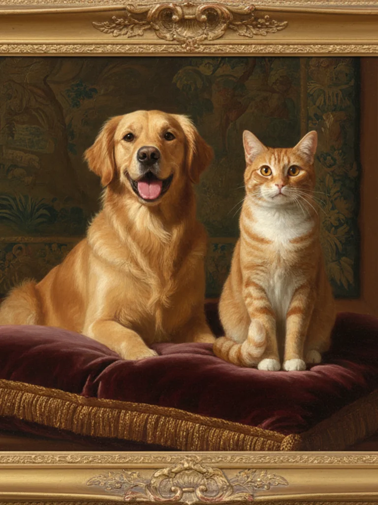 Two adorable dogs portrait in classical oil painting style