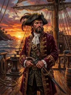 Dashing pirate captain on ship deck