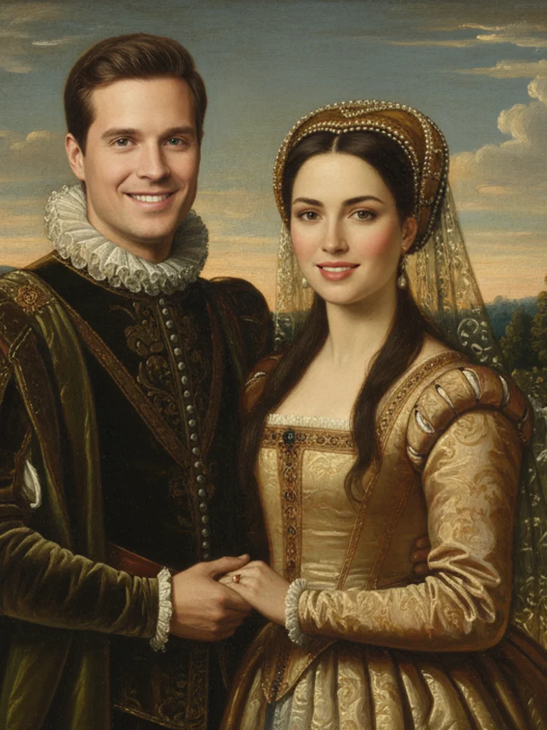 Romantic couple portrait in Renaissance oil painting style