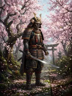 Japanese samurai in full armor with cherry blossoms