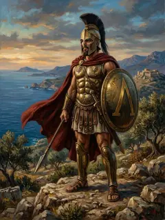 Greek Spartan warrior with red cape and shield