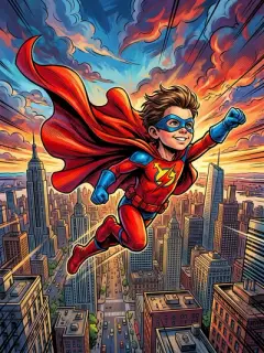 Child as superhero with cape flying above city