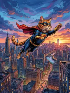 Pet as superhero with cape flying above city